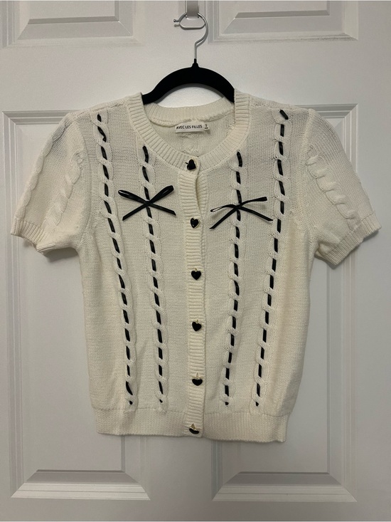 Avec Les Filles Sweaters - Avec Les Filles Short-Sleeve Knit Cardigan with Black Ribbon Detail